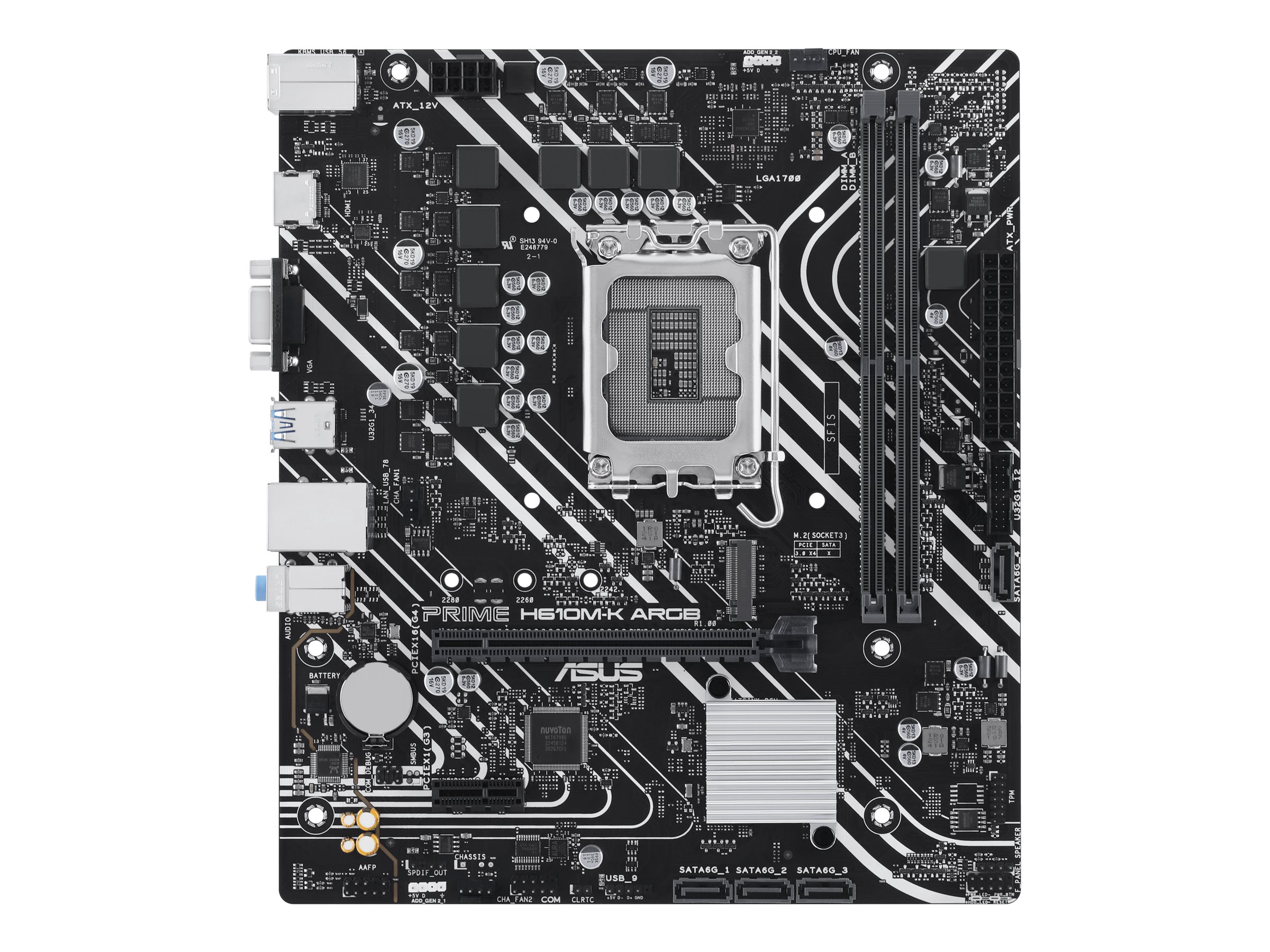 Pilt ASUS PRIME H610M-K ARGB | Processor family Intel H610 | Processor socket LGA1700 Socket | 2 DIMM slots - DDR5, non-ECC, unbuffered | Supported hard disk drive interfaces SATA-600, 1 x M.2 | Number of SATA connectors 4