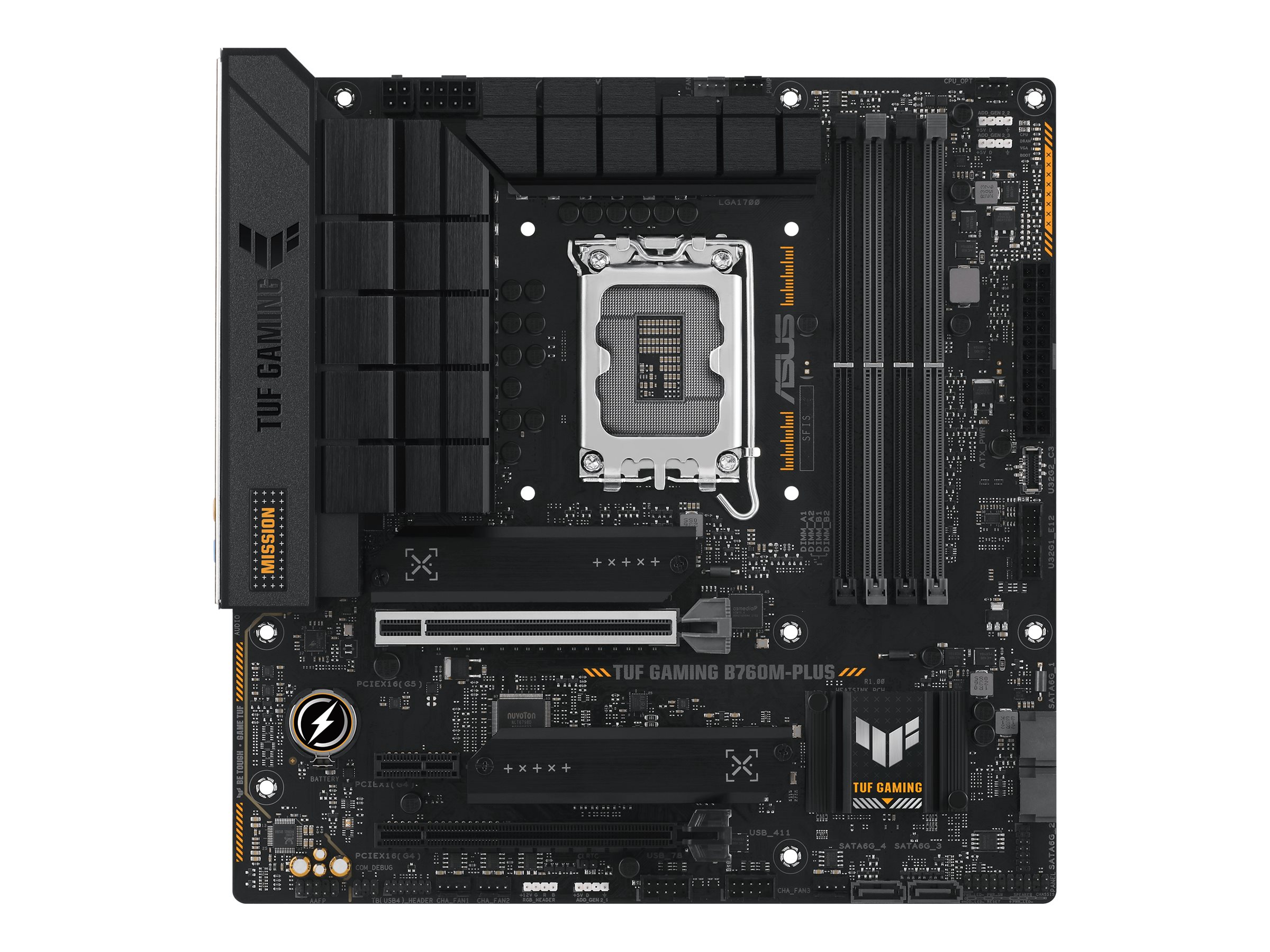 Pilt ASUS TUF GAMING B760M-PLUS | Processor family Intel B760 | Processor socket 1 x LGA1700 Socket | 4 DIMM slots - DDR5, non-ECC, on-die ECC, unbuffered | Supported hard disk drive interfaces SATA-600 (RAID), 2 x M.2 | Number of SATA connectors 4