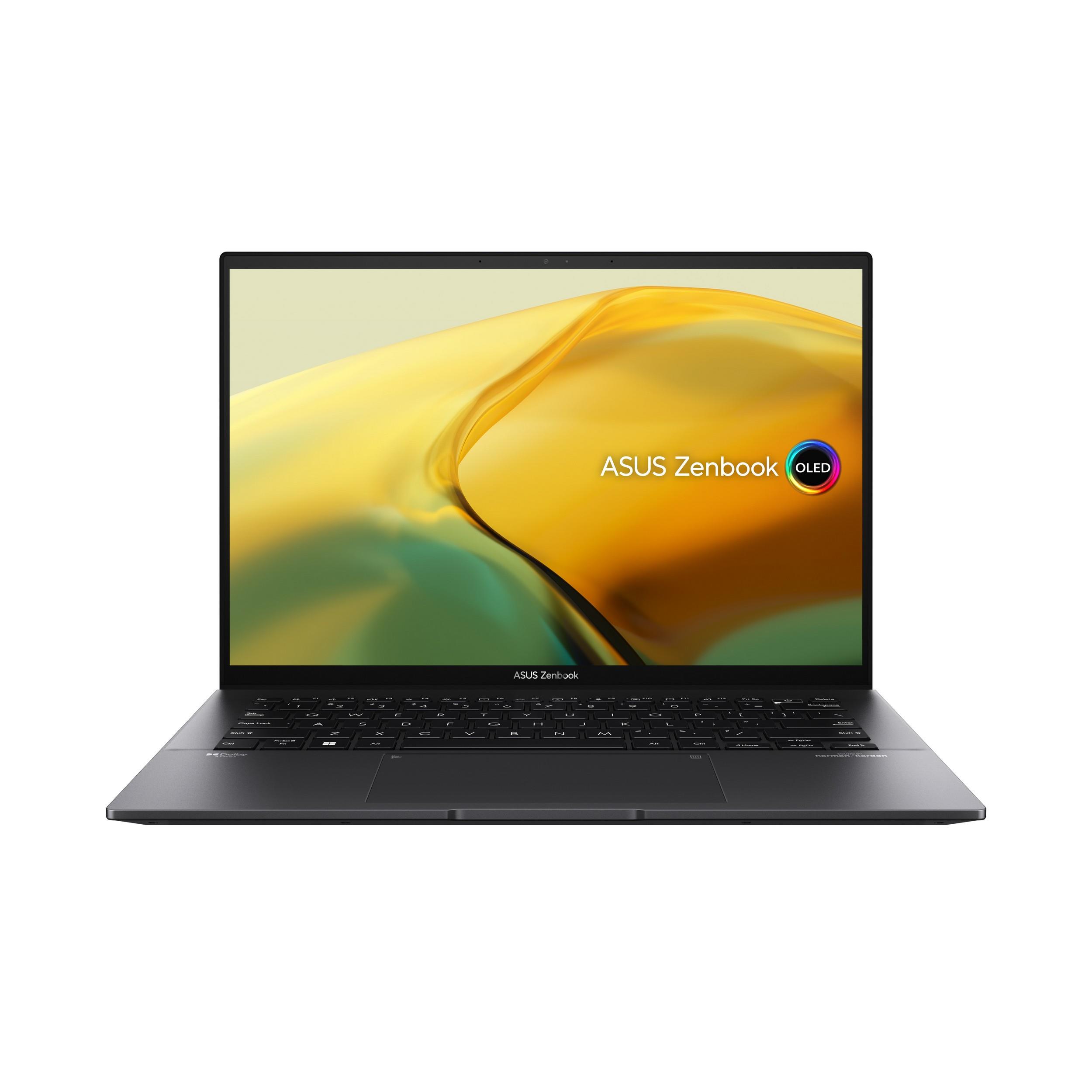 Pilt Asus | Zenbook 14 OLED UM3402YA-KM454W | Jade Black | 14 " | OLED | 2.8K | 2880 x 1800 | Glossy | AMD Ryzen 7 | 7730U | 16 GB | LPDDR4X on board | SSD 1000 GB | AMD Radeon Graphics | GB | Windows 11 Home | 802.11ax | Bluetooth version 5.0 | Keyboard language English | Keyboard backlit | Warranty 24 month(s) | Battery warranty 12 month(s)