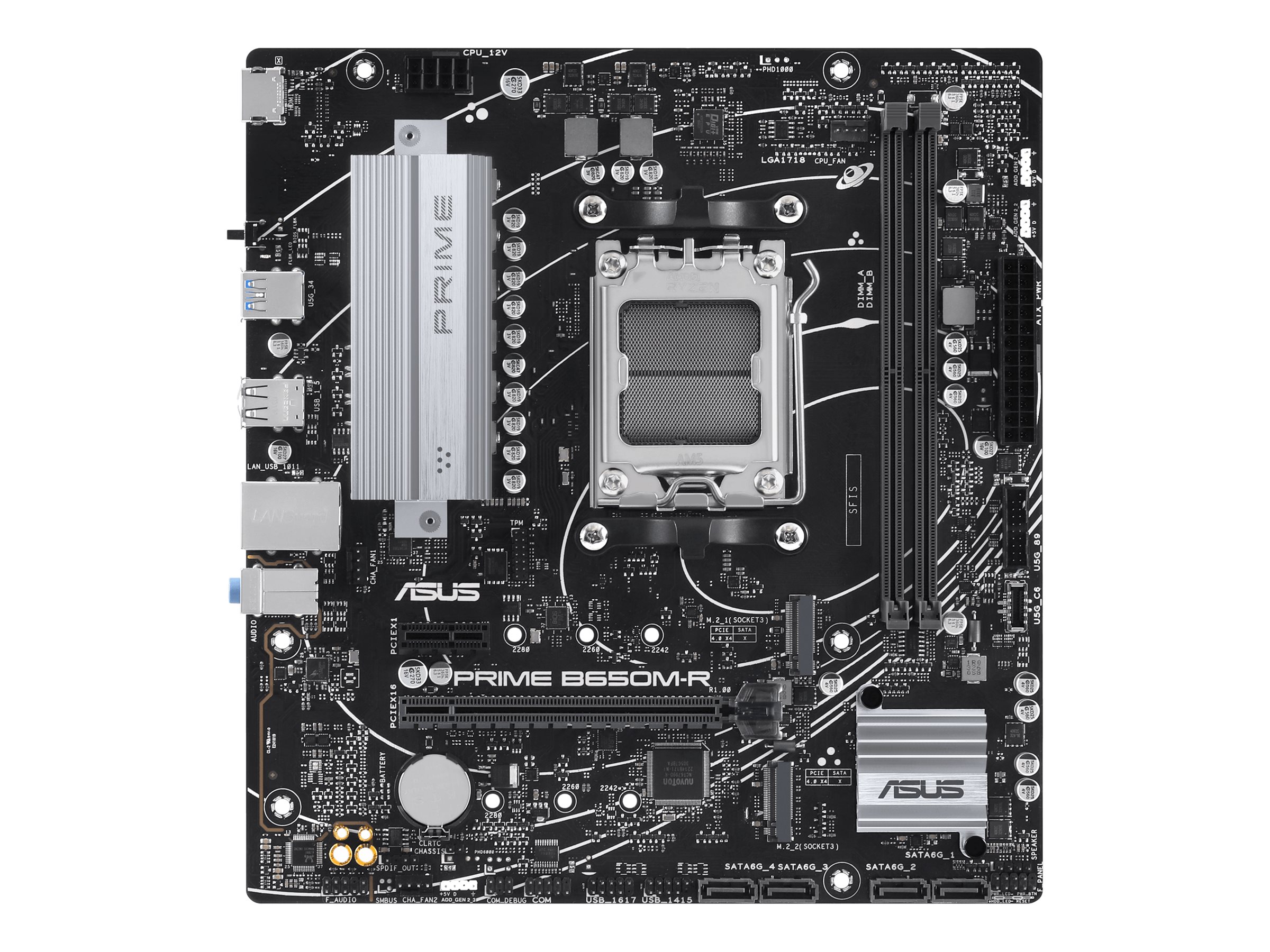 Pilt ASUS PRIME B650M-R | Processor family AMD B650 | Processor socket 1 x Socket AM5 | 2 DIMM slots - DDR5, ECC, unbuffered | Supported hard disk drive interfaces SATA-600 (RAID), 2 x M.2 | Number of SATA connectors 4