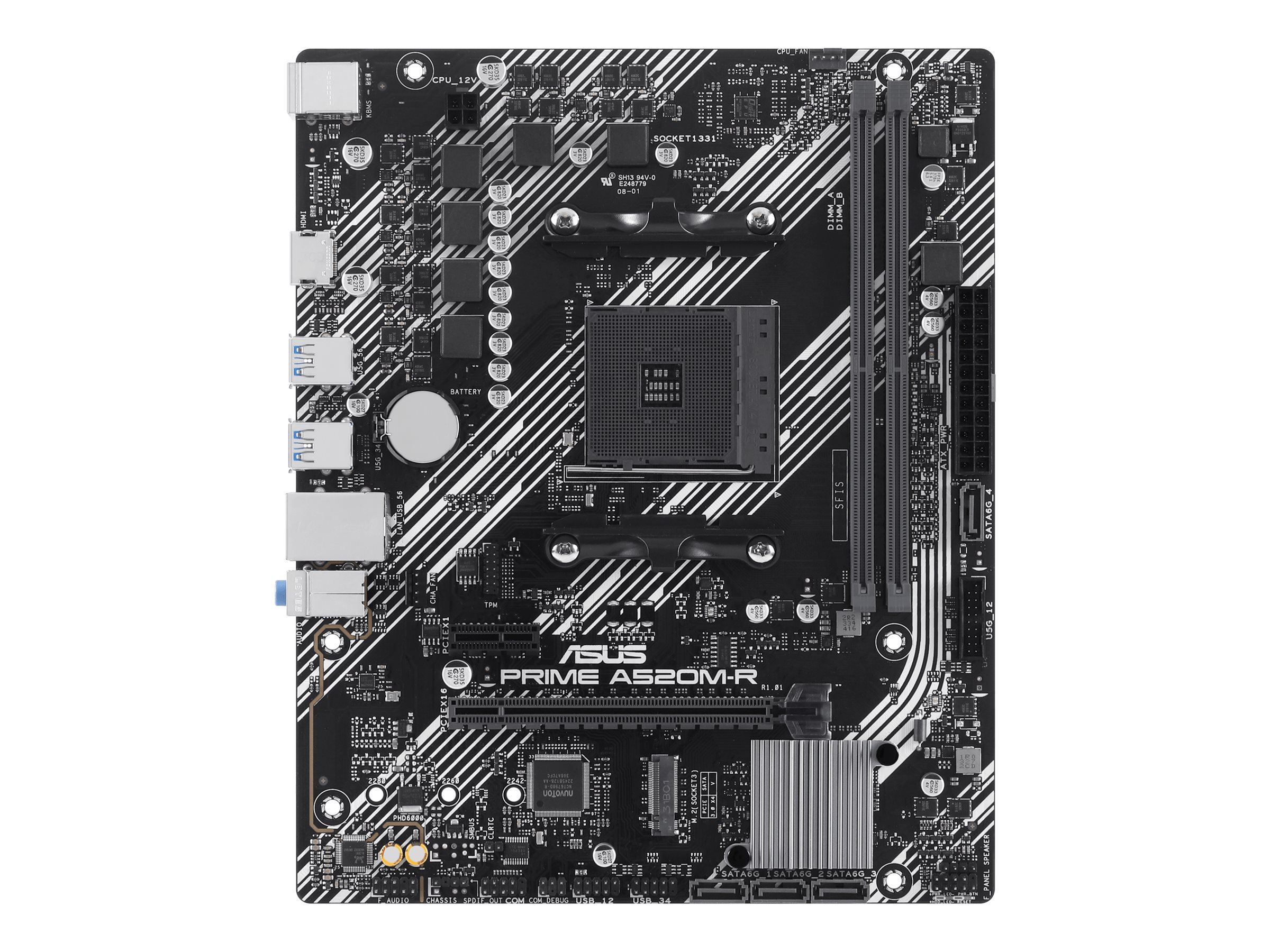 Pilt ASUS PRIME A520M-R | Processor family AMD A520 | Processor socket 1 x Socket AM4 | 2 DIMM slots - DDR4, ECC, unbuffered | Supported hard disk drive interfaces SATA-600 (RAID), 1 x M.2 | Number of SATA connectors 4