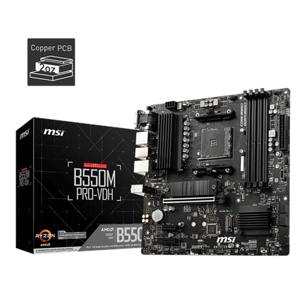 Pilt MSI | B550M PRO-VDH | Processor family AMD | Processor socket AM4 | DDR4 | Memory slots 4 | Number of SATA connectors 4 | Chipset AMD B | Micro ATX