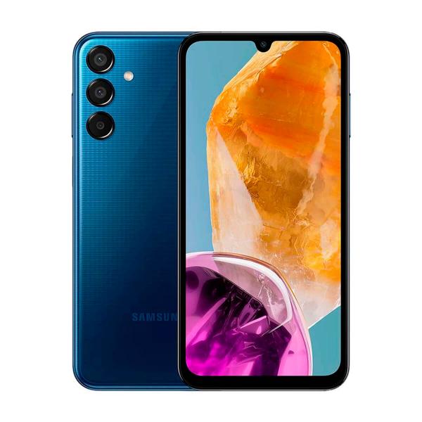 Pilt Samsung Galaxy M15 (M156) | Dark Blue | 6.5 " | Super AMOLED | 1080 x 2340 pixels | Mediatek | Dimensity 6100+ (6 nm) | Internal RAM 4 GB | 128 GB | microSDXC | Dual SIM | Nano-SIM | 4G | 5G | Main camera 50+5+2 MP | Secondary camera 13 MP | Android | 14 | 6000 mAh