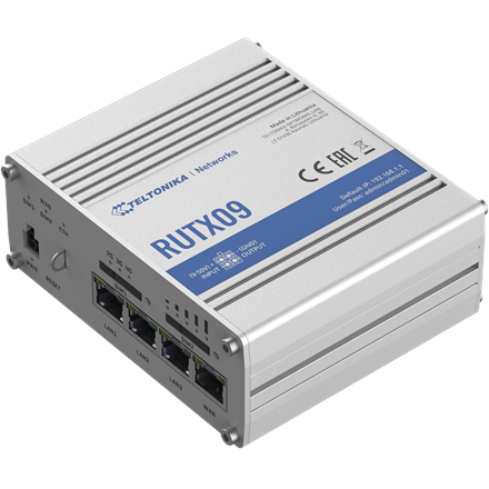 Pilt Rugged Industrial LTE-A Cat6 Router | RUTX09 | No Wi-Fi | 10/100/1000 Mbit/s | Ethernet LAN (RJ-45) ports 4 | Mesh Support No | MU-MiMO No | 2G/3G/4G