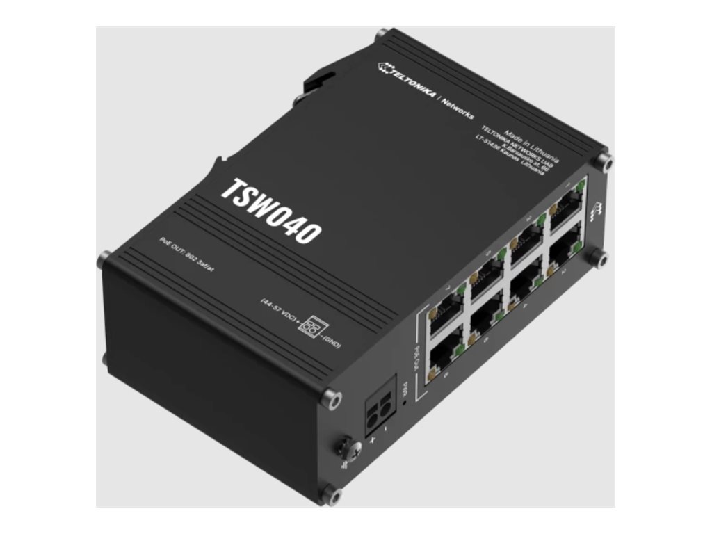 Pilt Teltonika Industrial Switch | TSW040 | Unmanaged | DIN rail mountable | 10/100 Mbps (RJ-45) ports quantity 8 | PoE+ ports quantity 8 | Power supply type 2-pin industrial DC power socket