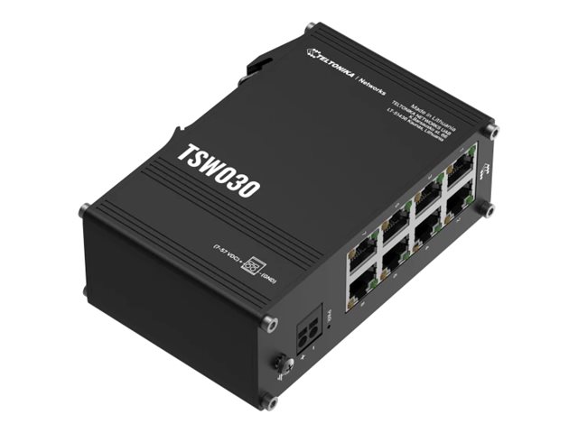 Pilt Teltonika Switch | TSW030 | Unmanaged | DIN rail mountable | 10/100 Mbps (RJ-45) ports quantity 8 | Power supply type 2-pin industrial DC power socket