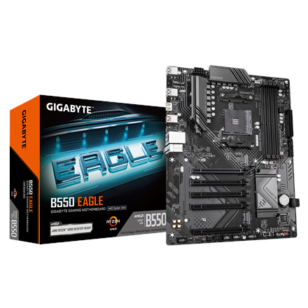 Pilt Gigabyte B550 EAGLE | Processor family AMD | Processor socket AM4 | DDR4 | Supported hard disk drive interfaces SATA, M.2 | Number of SATA connectors 4