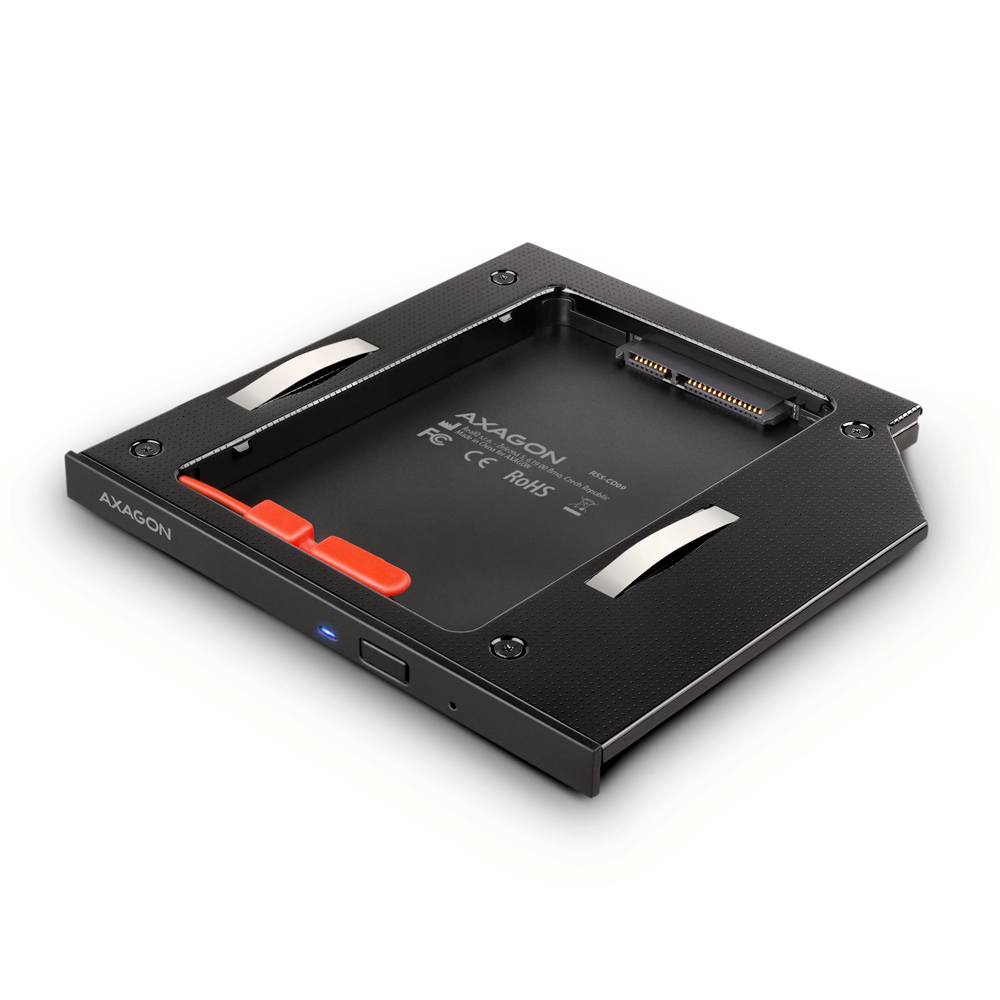 Pilt AXAGON Optical disk drive caddy for 2.5“ SSD/HDD. LED, 9.5 mm, Aluminum | RSS-CD09