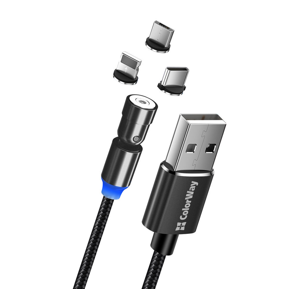 Pilt ColorWay Cable 3in1 (Lightning+MicroUSB+Type-C) Magnetic Rotation 540° 2.4?, 1m | CW-CBUU037-BK