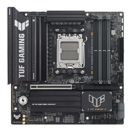 Pilt Asus TUF GAMING B850M-PLUS II | Processor family AMD | Processor socket AM5 | DDR5 | Supported hard disk drive interfaces SATA, M.2 | Number of SATA connectors 4