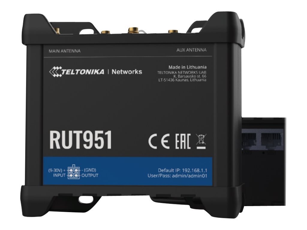 Pilt Industrial Cellular router | RUT951 | 802.11n | 10/100 Mbit/s | Ethernet LAN (RJ-45) ports 4 | Mesh Support No | MU-MiMO No | 2G/3G/4G | Antenna type 	2 x SMA for LTE, 2 x RP-SMA | 0