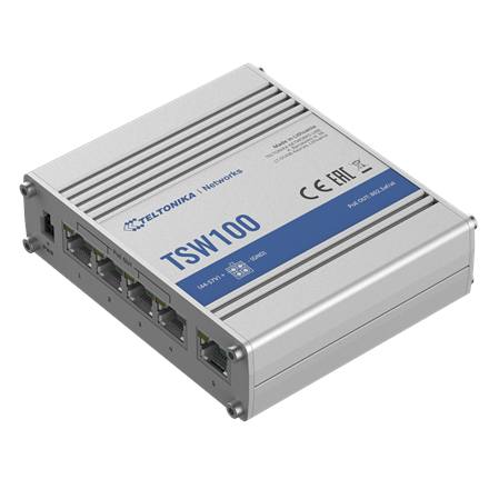 Pilt Teltonika | Industiral POE+ Swith | TSW100 | Unmanaged | Desktop | Gigabit Ethernet (copper) ports quantity 5 | Power over Ethernet (PoE) ports quantity 4 | PoE+ ports quantity 4 | 24 month(s)