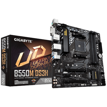 Pilt Gigabyte | B550M DS3H 1.0 | Processor family AMD | Processor socket AM4 | DDR4 DIMM | Memory slots 4 | Number of SATA connectors 4 x SATA 6Gb/s connectors | Chipset AMD B | Micro ATX