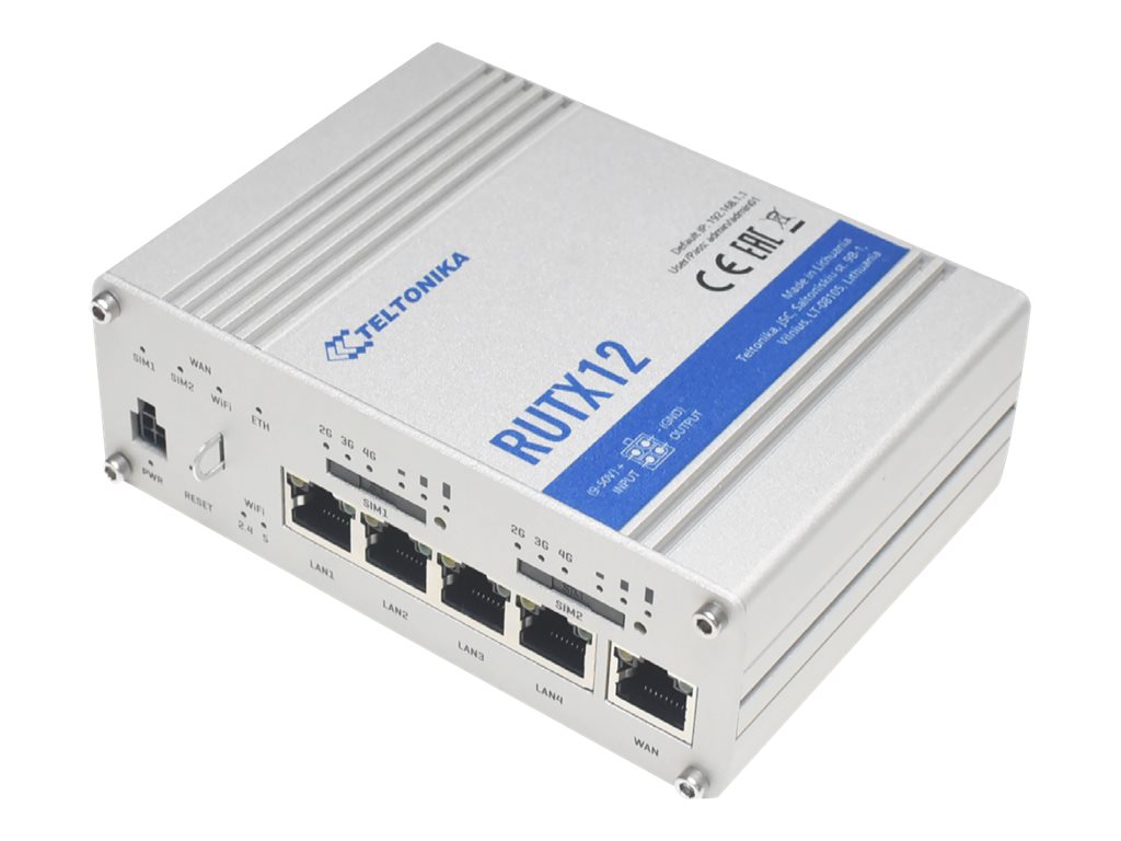 Pilt Dual LTE Cat 6 Router | RUTX12 | 802.11ac | 867 Mbit/s | 10/100/1000 Mbit/s | Ethernet LAN (RJ-45) ports 4 | Mesh Support No | MU-MiMO Yes | 4G | Antenna type 4xSMA for LTE, 2xRP-SMA for WiFi, 1xRP-SMA for Bluetooth, 1xSMA for GNNS | 1 x USB A