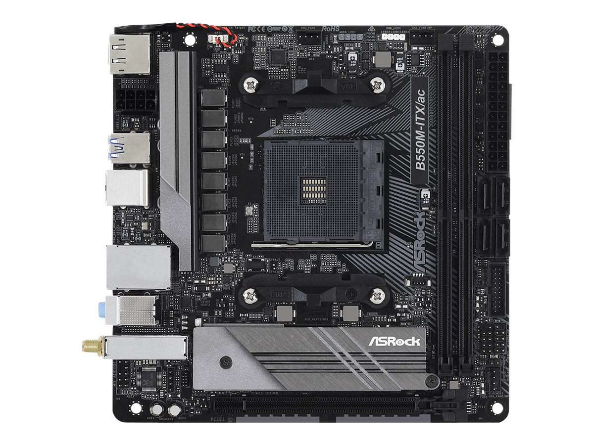 Pilt ASRock B550M-ITX/AC | Processor family AMD | Processor socket AM4 | DDR4 | Supported hard disk drive interfaces SATA, M.2 | Number of SATA connectors 4