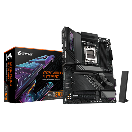 Pilt Gigabyte X870E A ELITE WIFI7 | Processor family AMD | Processor socket AM5 | DDR5 | Supported hard disk drive interfaces SATA, M.2 | Number of SATA connectors 4