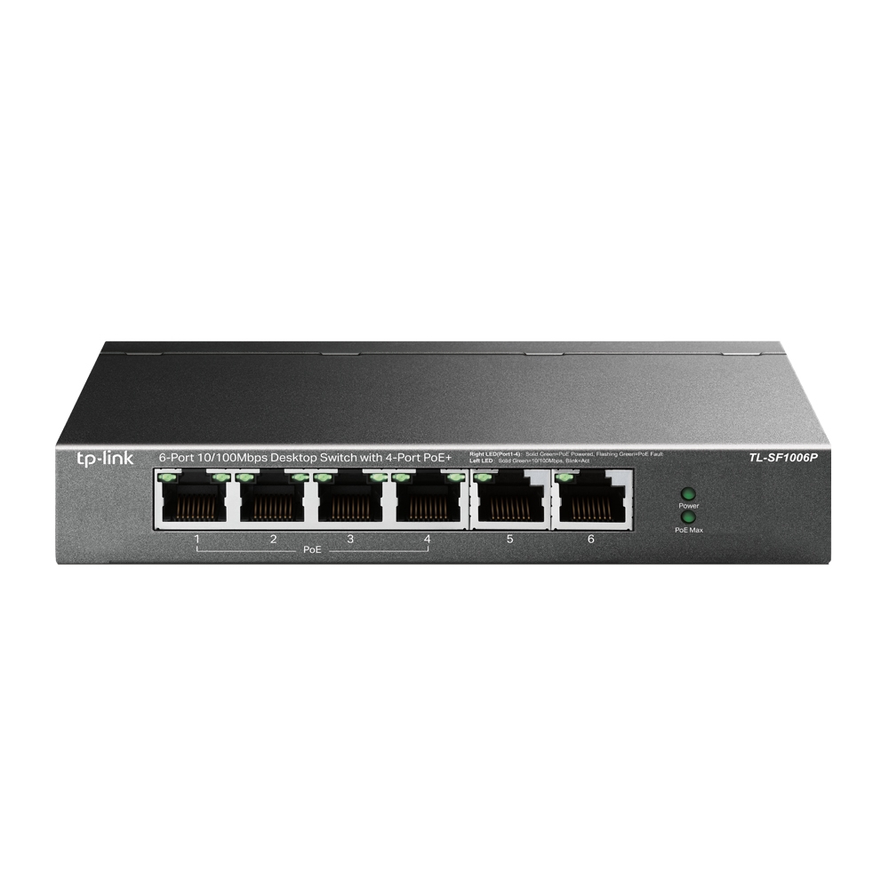 Pilt TP-LINK | Switch | TL-SF1006P | Unmanaged | Desktop | 10/100 Mbps (RJ-45) ports quantity 6 | 1 Gbps (RJ-45) ports quantity | SFP ports quantity | PoE ports quantity | PoE+ ports quantity 4 | Power supply type External | month(s)