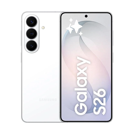 Pilt Samsung | Galaxy | S26 | White | 6.3 " | Dynamic AMOLED 2X | 1080 x 2340 pixels | Exynos | 2600 | Internal RAM 12 GB | 512 GB | Dual SIM | 3G | 4G | 5G | Main camera resolution 50 MP | Secondary camera resolution 10 MP | Android | 16 | 4300 mAh