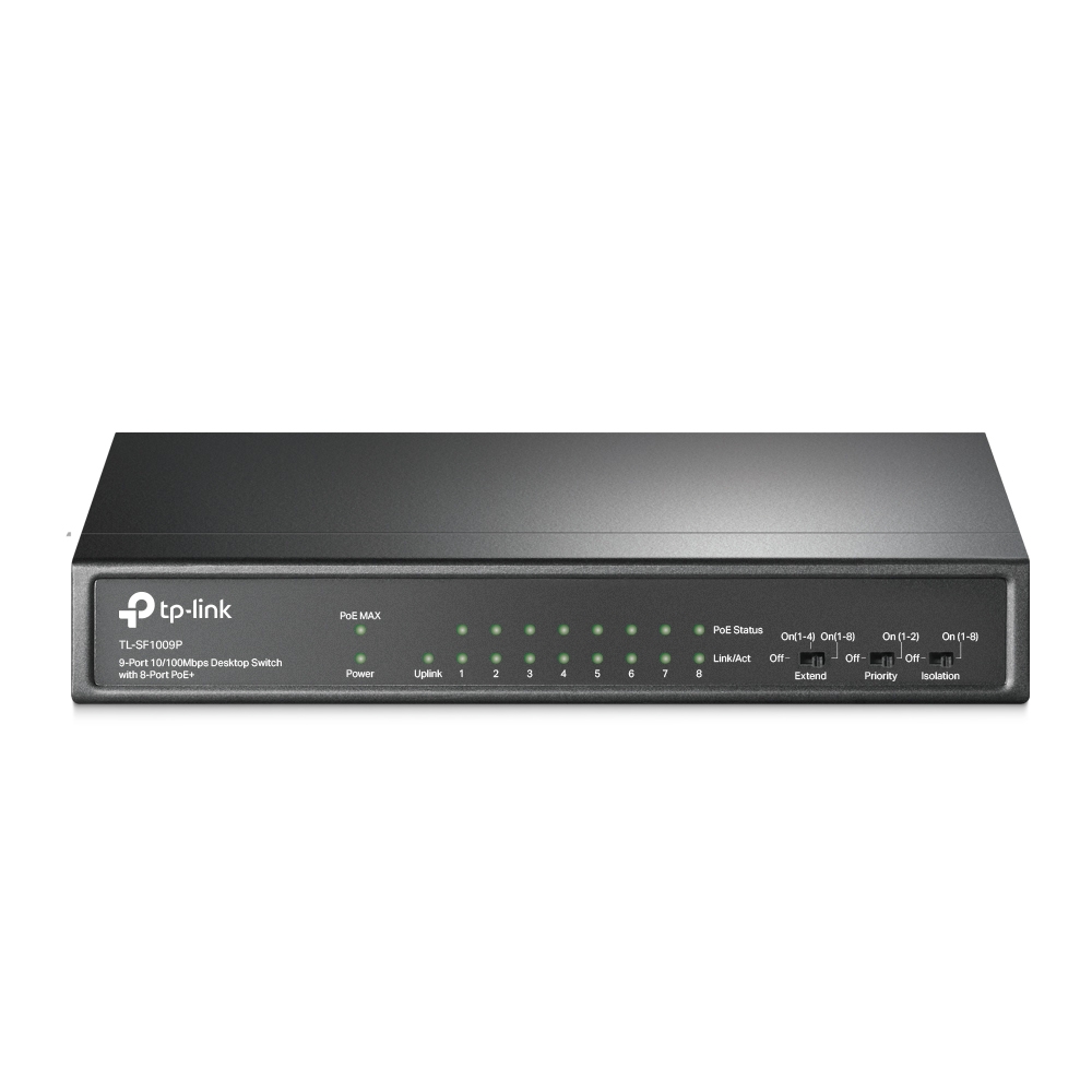 Pilt TP-LINK | Switch | TL-SF1009P | Unmanaged | Desktop | 10/100 Mbps (RJ-45) ports quantity 9 | 1 Gbps (RJ-45) ports quantity | SFP ports quantity | PoE ports quantity | PoE+ ports quantity 8 | Power supply type External | month(s)