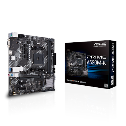 Pilt Asus | PRIME A520M-K | Processor family AMD | Processor socket AM4 | DDR4 | Memory slots 2 | Supported hard disk drive interfaces M.2, SATA | Number of SATA connectors 4 | Chipset AMD A | Micro ATX