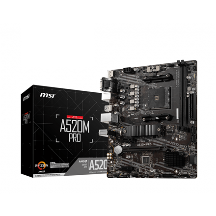 Pilt MSI | A520M PRO | Processor family AMD | Processor socket AM4 | DDR4 | Memory slots 2 | Number of SATA connectors | Chipset AMD A | Micro ATX