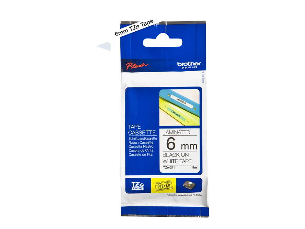 Pilt Brother | TZe-211 Laminated Tape | Black on White | TZe | 8 m | 6 cm