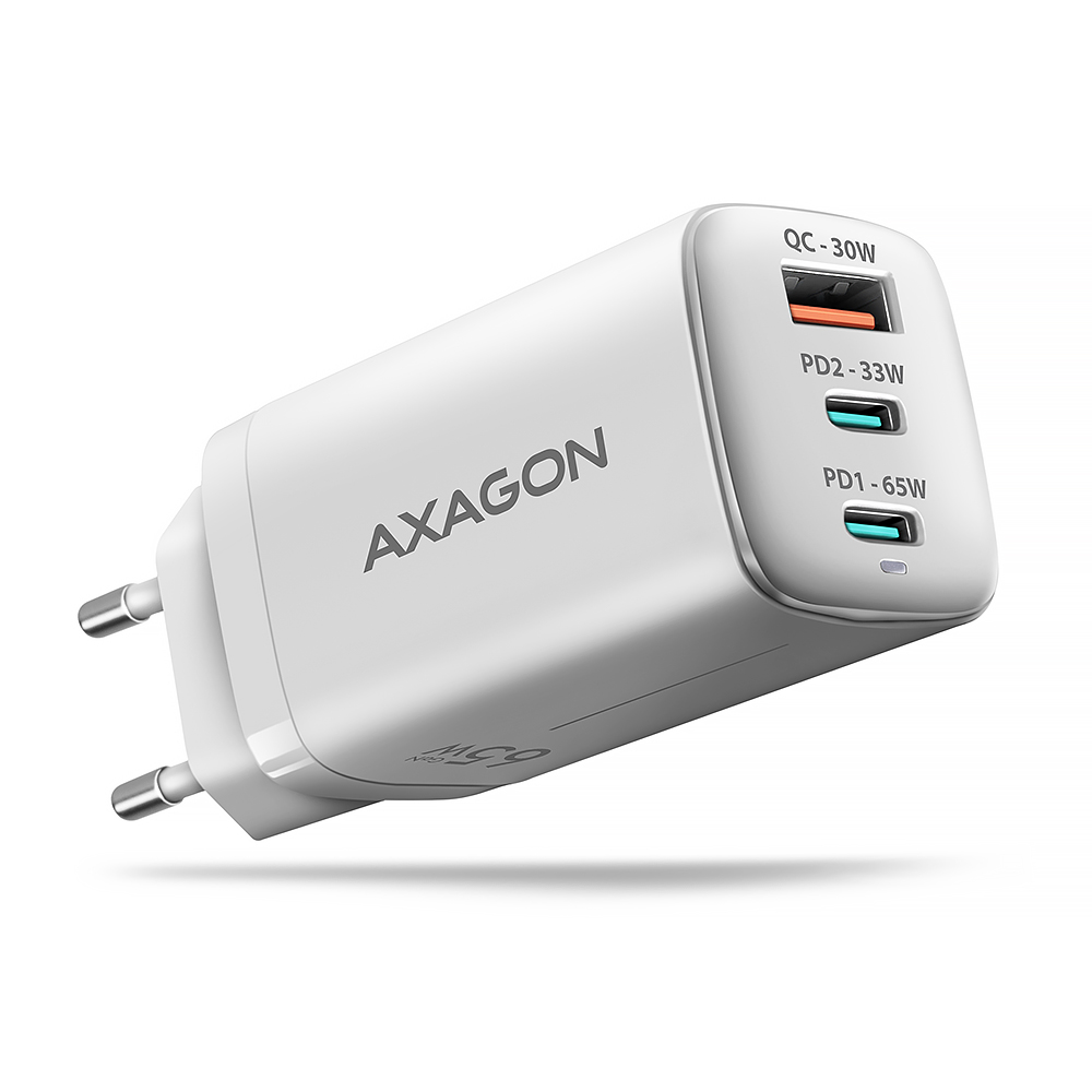Pilt AXAGON GaN wallcharger 3x port (USB-A + 2x USB-C), PD3.0/PPS/QC4+/SFC2.0/AFC/SCP/FCP/Apple, 65W | ACU-DPQ65W