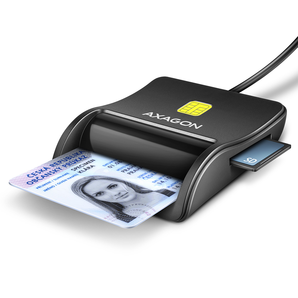 Pilt AXAGON Compact desktop USB contact Smart/ID & SD/microSD/SIM card reader with long, USB-A cable | CRE-SM3SD