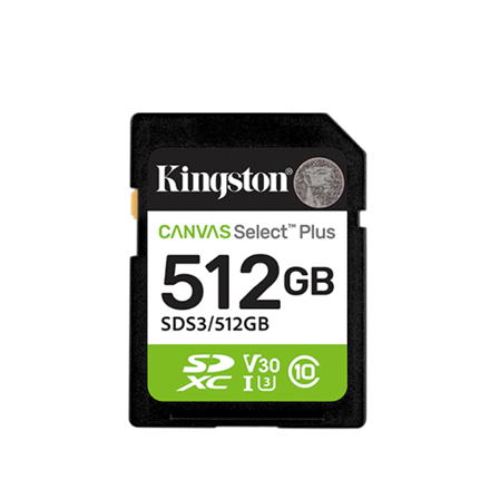 Pilt Kingston Canvas Select Plus | 512 GB | SD | Flash memory class Class 10, UHS-I, U1/U3, Video Class 10/30