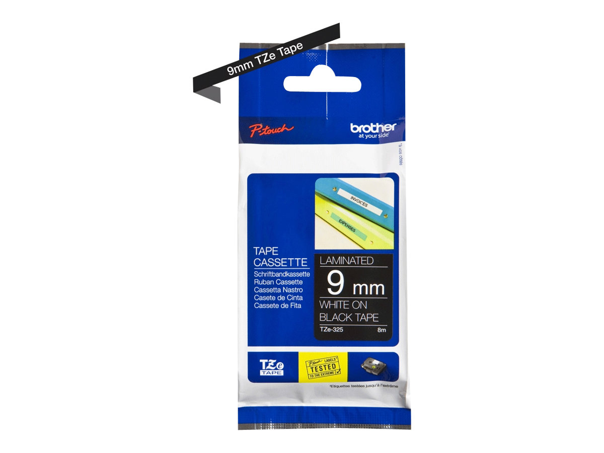 Pilt Brother | TZe-325 Laminated Tape | White on Black | TZe | 8 m | 9 cm