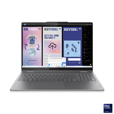 Pilt Lenovo Yoga 7 2-in-1 16ILL10 | Luna Grey | 16 " | OLED | Touchscreen | WQXGA+ | 2880 x 1800 pixels | Glossy | Intel Core Ultra 7 | 256V | 16 GB | Soldered LPDDR5x | Solid-state drive capacity 1000 GB | Intel Arc Graphics | Windows 11 Home | 802.11be | Bluetooth version 5.4 | Keyboard language English | Keyboard backlit | Warranty 24 month(s) | Battery warranty 12 month(s)