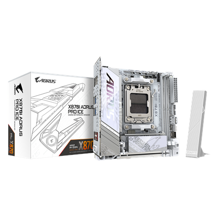 Pilt Gigabyte X870I AORUS PRO ICE | Processor family AMD | Processor socket AM5 | DDR5 SDRAM | Supported hard disk drive interfaces M.2, SATA | Number of SATA connectors 2