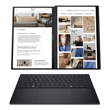 Pilt Asus | Zenbook Duo UX8406CA-QL287W | Inkwell Gray | 14 " | OLED | Touchscreen | FHD | 1920 x 1200 pixels | Intel Core Ultra 7 | 255H | 16 GB | LPDDR5X | Solid-state drive capacity 1000 GB | Intel Arc Graphics | Windows 11 Home | 802.11be | Bluetooth version 5.4 | Keyboard language US international | Keyboard backlit | Warranty 24 month(s) | Battery warranty 12 month(s)