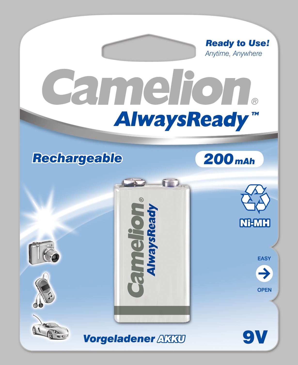 Pilt Camelion | 9V/6HR61 | 200 mAh | AlwaysReady Rechargeable Batteries Ni-MH | 1 pc(s)