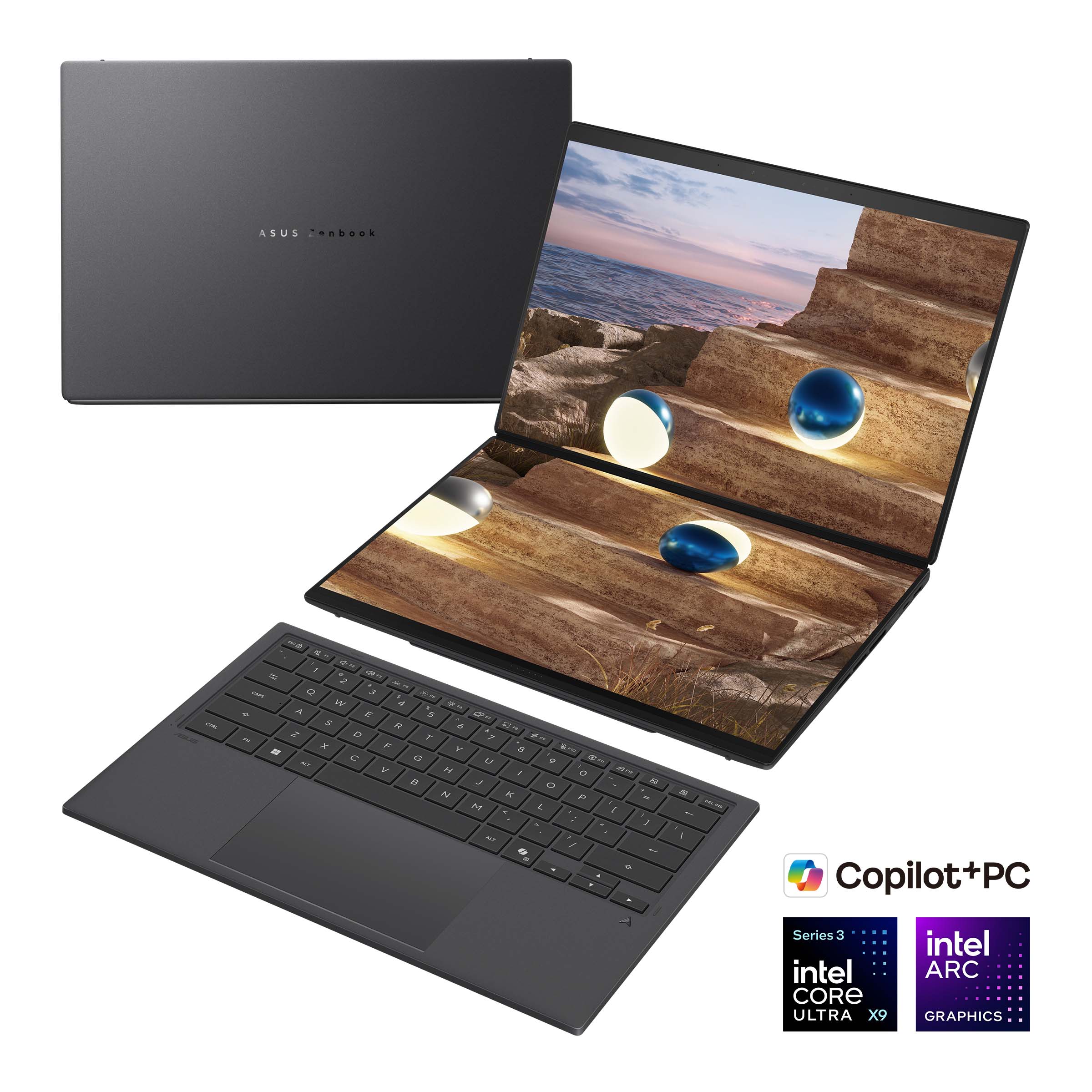 Pilt Asus | Zenbook Duo UX8407AA-SN066W | Moher Gray | 14 " | OLED | Touchscreen | 2.8K | 2880 x 1800 pixels | 144 Hz | Anti-Reflective | Intel Core Ultra X9 | 378H | 32 GB | LPDDR5X | Solid-state drive capacity 2000 GB | Intel Arc Graphics | Windows 11 Pro | 802.11be | Bluetooth version 5.4 | Keyboard language US international | Keyboard backlit | Warranty 24 month(s) | Battery warranty 12 month(s)