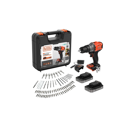 Pilt BLACK & DECKER 18V Impact Drill (with 2 x 18V 2.0Ah batteries with charge status indicator, 1A charger and 80 accessories) | BCD383D2XKA-QW | 2.0 Ah