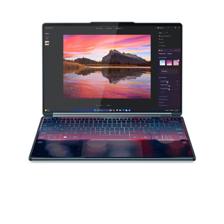 Pilt Lenovo Yoga Book 9 14IAH10 Intel | Tidal Teal | 2x14 " | OLED | Touchscreen | 2.8K WQXGA+ | 2880 x 1800 pixels | Intel Core Ultra 7 | 255H | 32 GB | Soldered LPDDR5X | Solid-state drive capacity 1000 GB | Intel Arc 140T GPU | Windows 11 Home | 802.11be | Bluetooth version 5.4 | Keyboard language English | Keyboard backlit | Warranty 24 month(s) | Battery warranty 12 month(s)