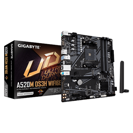 Pilt Gigabyte A520M DS3H WIFI6E | Processor family AMD | Processor socket AM4 | DDR4 | Supported hard disk drive interfaces SATA, M.2 | Number of SATA connectors 4