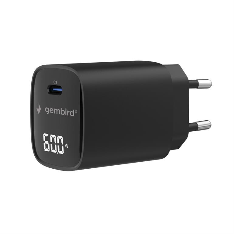 Pilt Gembird 60W USB Type-C fast charger, LCD | TA-UC-1C-PD60LCD-01-BK