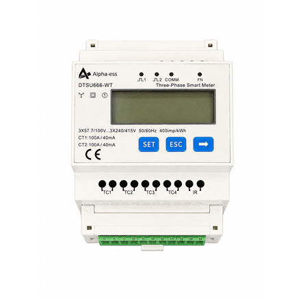 Pilt AlphaESS DTSU666 3CT 400V with CT 100A with PLUG Guide rail, 4P, English Corum