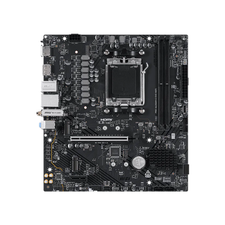 Pilt MSI PRO A620AM-G EVO WIFI | Processor family AMD | Processor socket AM5 | DDR5 | Number of SATA connectors 4 | Supported hard disk drive interfaces SATA, M.2