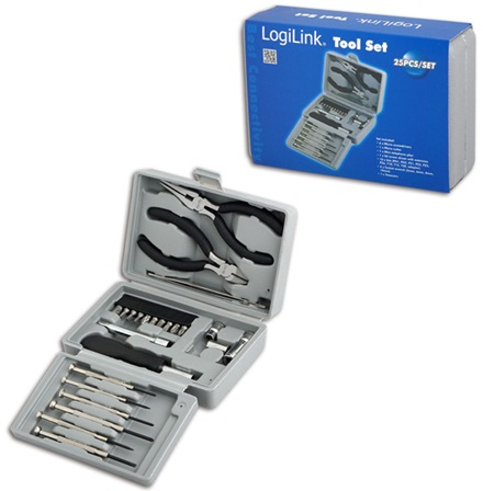 Pilt Logilink | Tool Set, 25pcs | Incl. transport boxThe set includes6x micro screwdrivers1x micro cutter1x mini telephone plier1x bit screwdriver with extension10x bits (PH1, PH2, PZ1, PZ2, PZ5, PZ6, T10, T15, T20, adaptor)4x socket wrench (5mm, 6mm, 8mm, 10mm)1x tweezersBarcode: 4052792012491