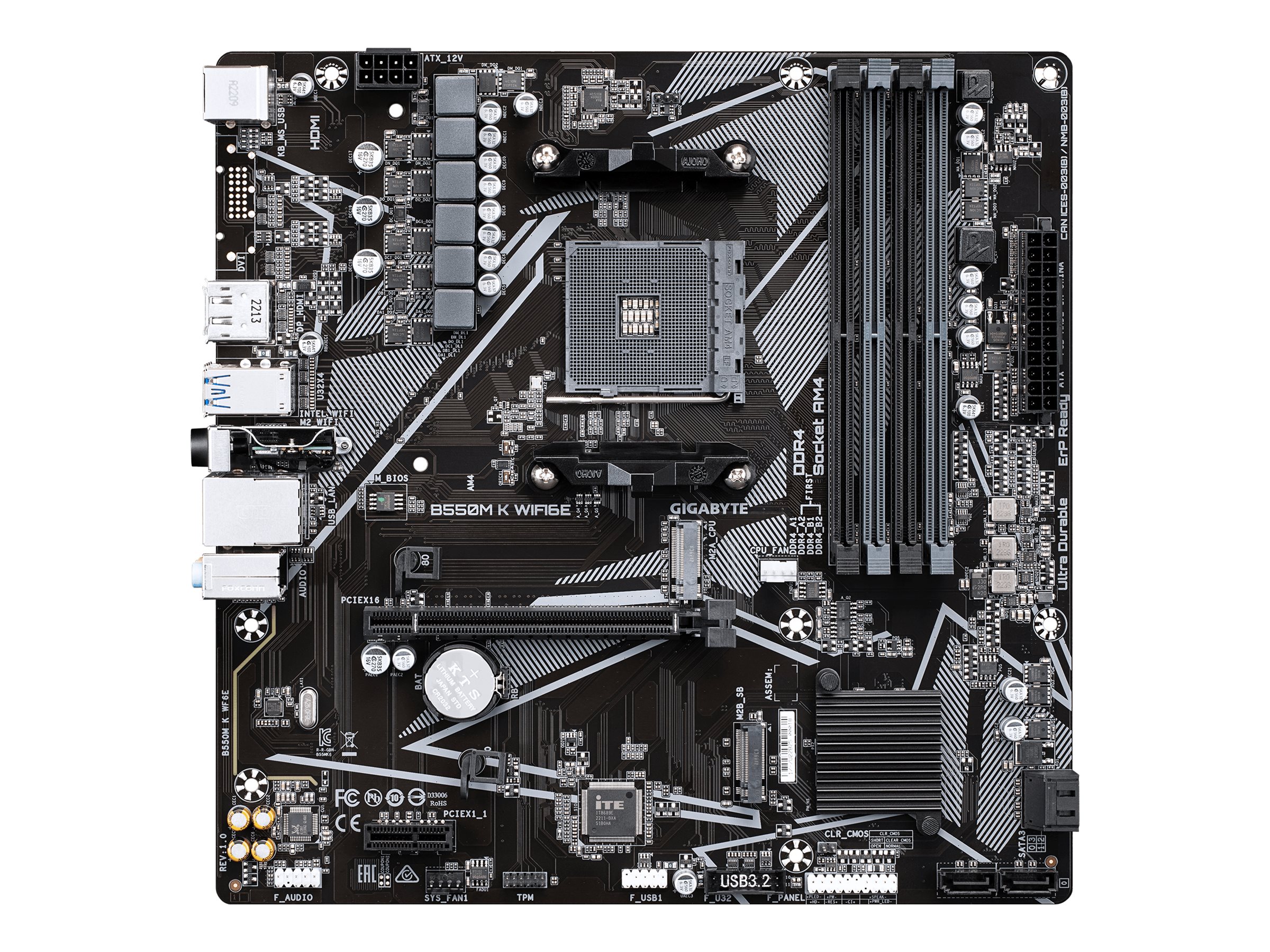 Pilt Gigabyte B550M K WIFI6E | Processor family AMD | Processor socket AM4 | DDR4 SDRAM | Supported hard disk drive interfaces SATA, M.2 | Number of SATA connectors 4