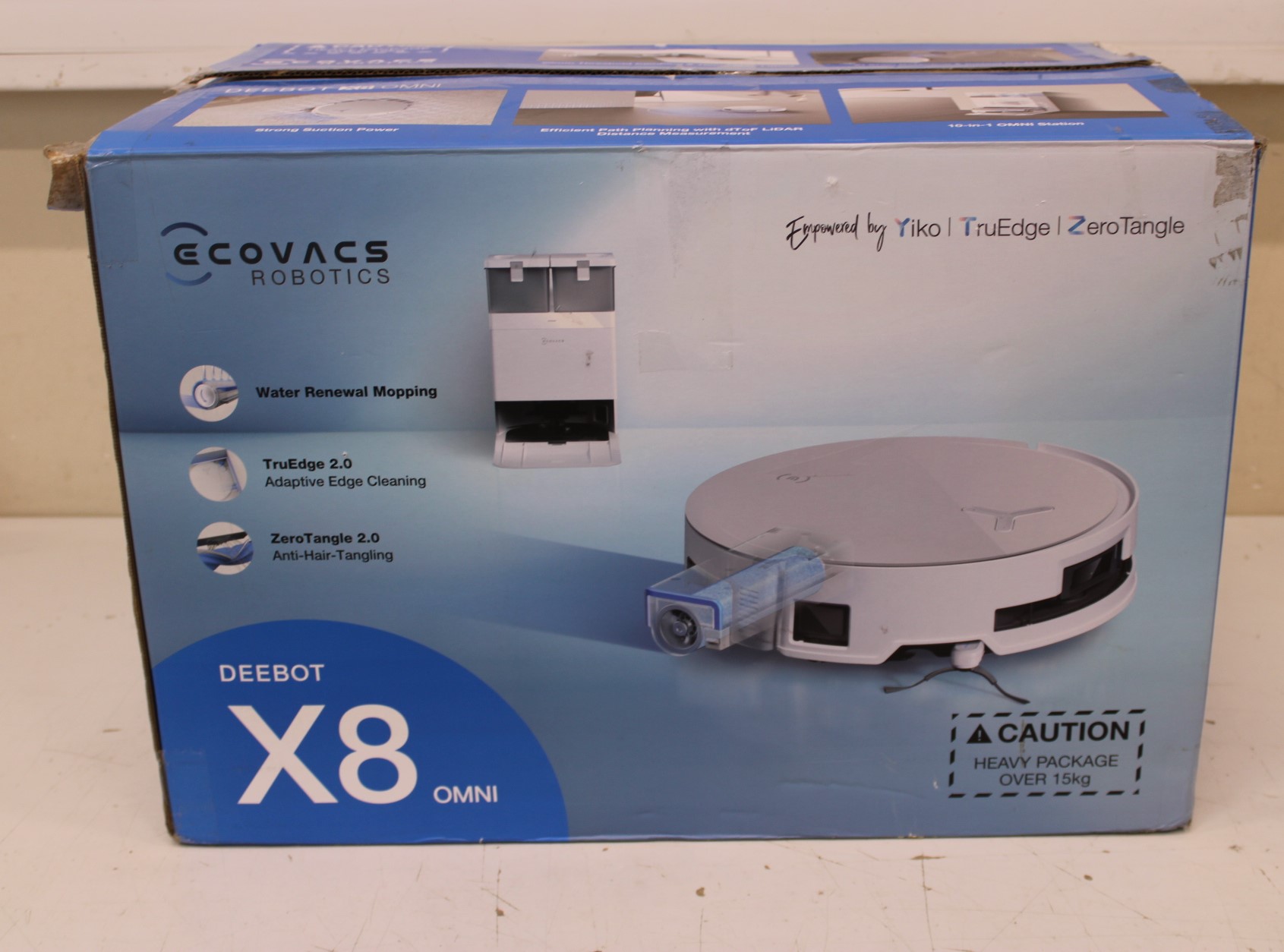 Pilt SALE OUT. Ecovacs DEEBOT X8 OMNI Vacuum cleaner, Robot, Wet&Dry, 18000Pa, TruEdge 2.0, AIVI 3D 3.0, YIKO-GPT, White+Auto-empty station | Ecovacs | Robotic Vacuum Cleaner | DEEBOT X8 OMNI | Wet&Dry | Lithium-Ion | 5200 mAh | Dust capacity 0.22 L | 17000 Pa | White | DAMAGED PACKAGING, USED, DIRTY, SCRATCHES