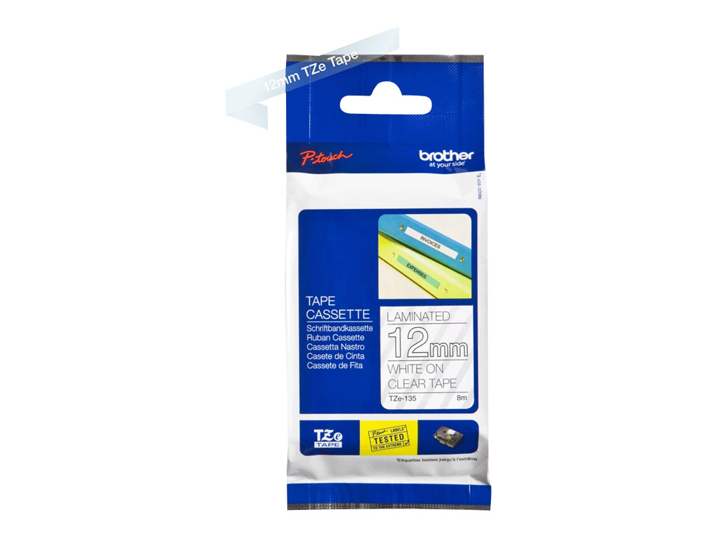 Pilt Brother | TZe-135 Laminated Tape | White on Clear | TZe | 8 m | 1.2 cm
