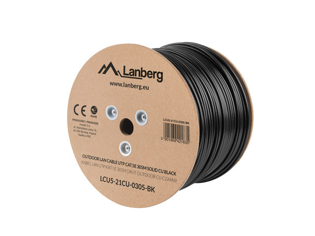 Pilt Lanberg | Cable Cat.5E UTP 305M Solid Outdoor CU Black Fluke Passed | LCU5-21CU-0305-BK