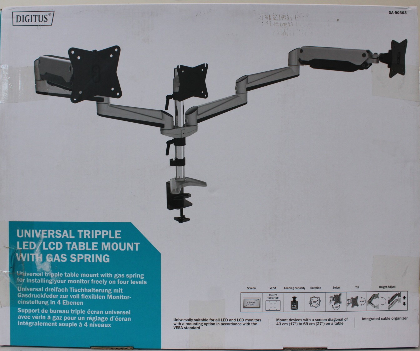 Pilt SALE OUT. DIGITUS Triple monitor mount, 3x 27", 3x 6 kg | Digitus Desk Mount | Triple Monitor Gas Spring Mount DA-90363 | Adjustable Height, Tilt, Swivel | 15-27 " | Maximum weight (capacity) 3x6 kg | DAMAGED PACKAGING, DEMO | Silver