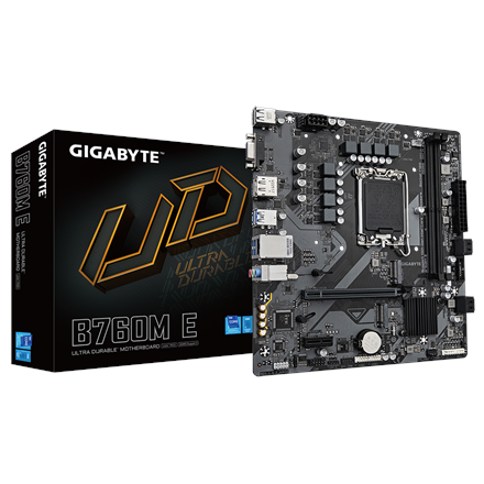 Pilt Gigabyte B760M E | Processor family Intel | Processor socket LGA1700 | DDR5 | Supported hard disk drive interfaces M.2, SATA | Number of SATA connectors 4