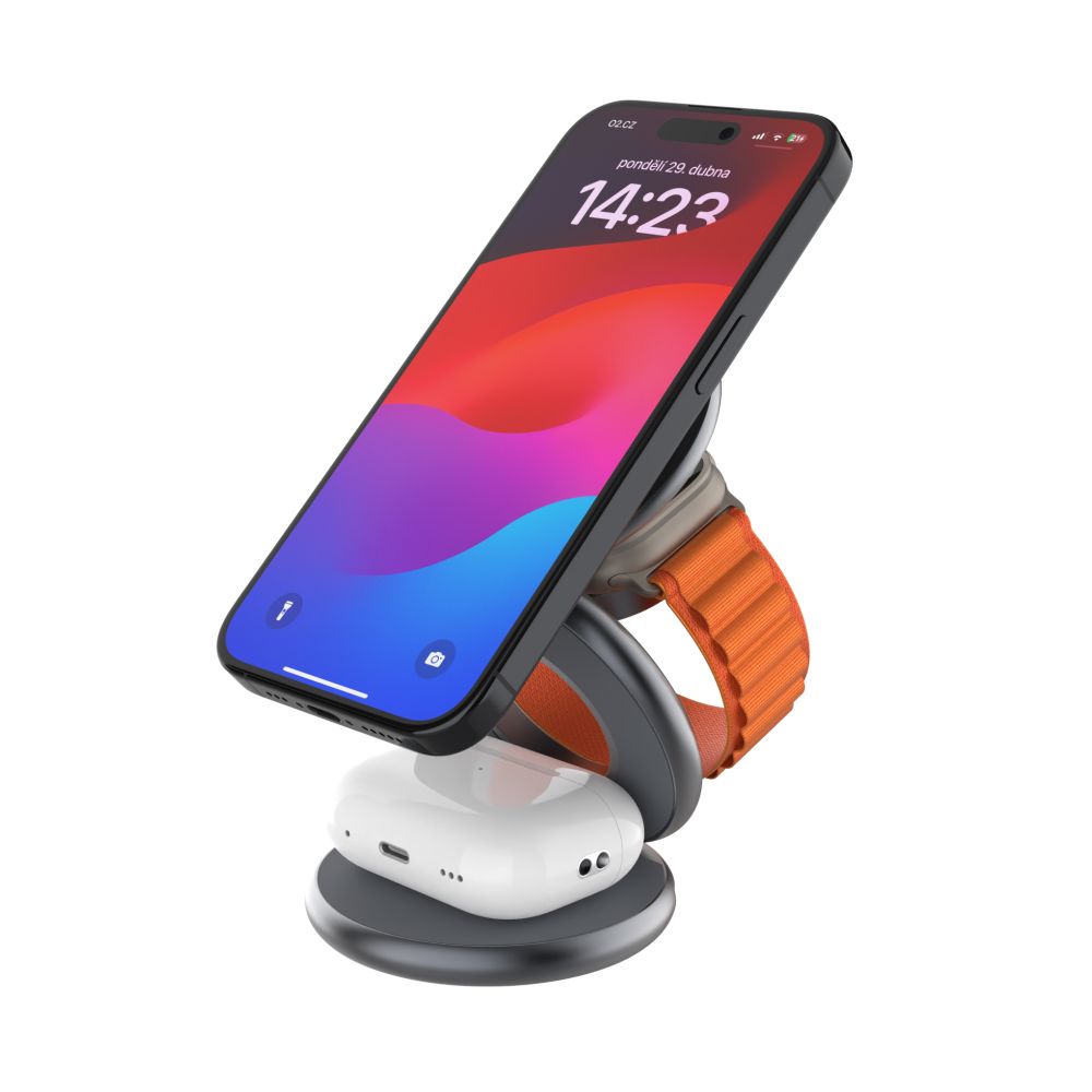 Pilt Fixed MagPowerstation Round 3-in-1 foldable wireless charger with MagSafe support | Gray