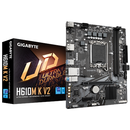 Pilt Gigabyte H610M K V2 | Processor family Intel | Processor socket LGA1700 | DDR5 | Supported hard disk drive interfaces M.2, SATA | Number of SATA connectors 2